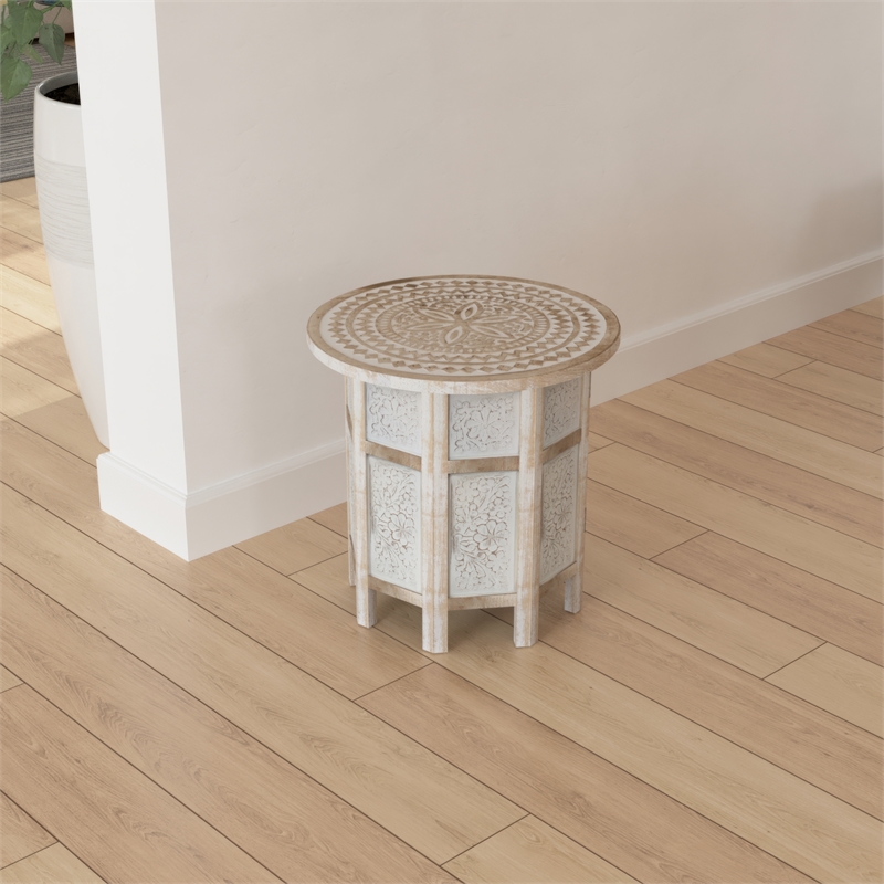 Accent Side Table- Mango Wood 18 Inch Round Top- Hand Carved Mandala Design