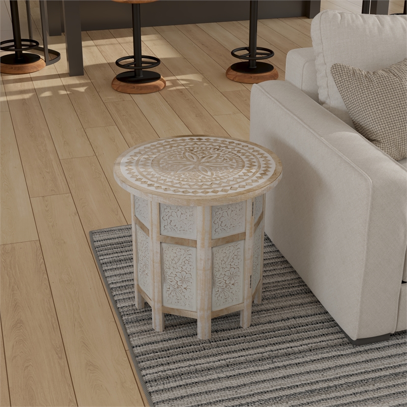 Accent Side Table- Mango Wood 18 Inch Round Top- Hand Carved Mandala Design