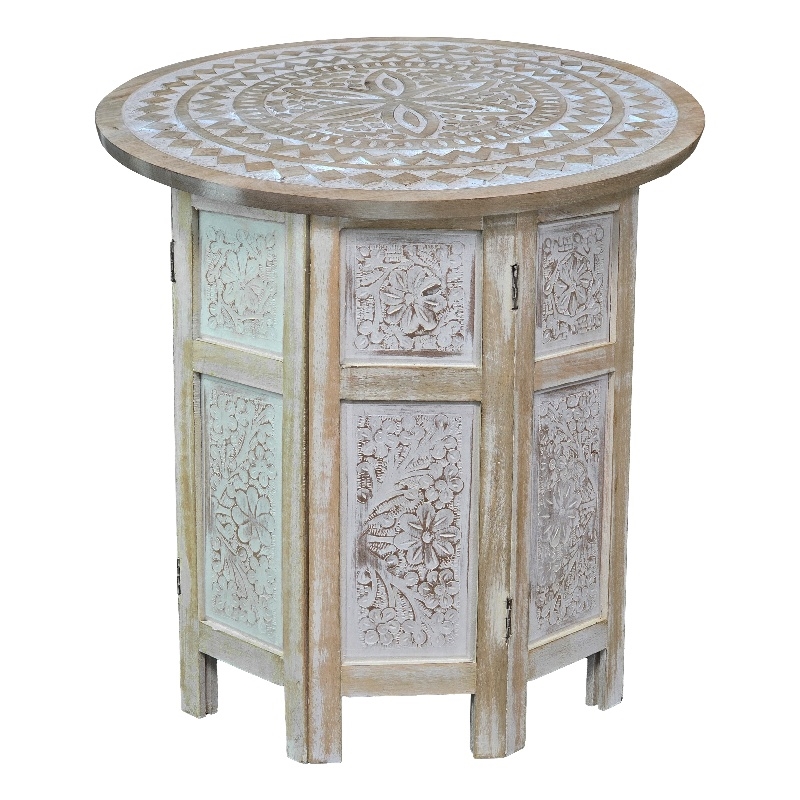 Accent Side Table- Mango Wood 18 Inch Round Top- Hand Carved Mandala Design