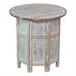 Accent Side Table- Mango Wood 18 Inch Round Top- Hand Carved Mandala Design