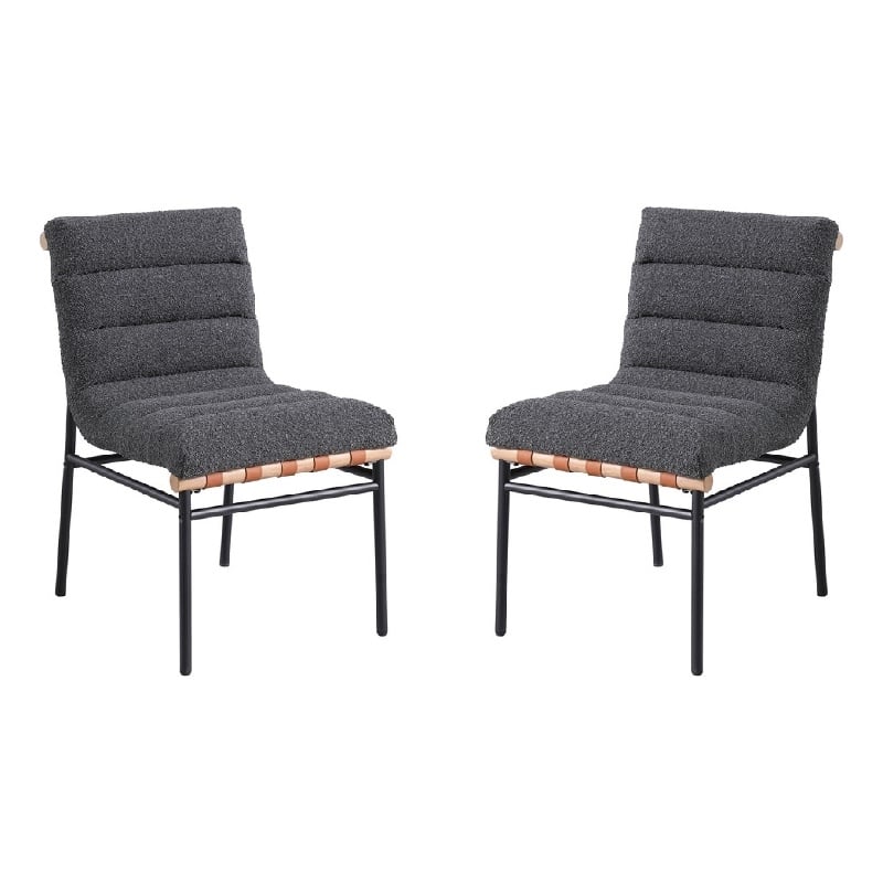Kive Dining Chair Set of 2- Black Iron Legs- Gray Channel Tuft Boucle