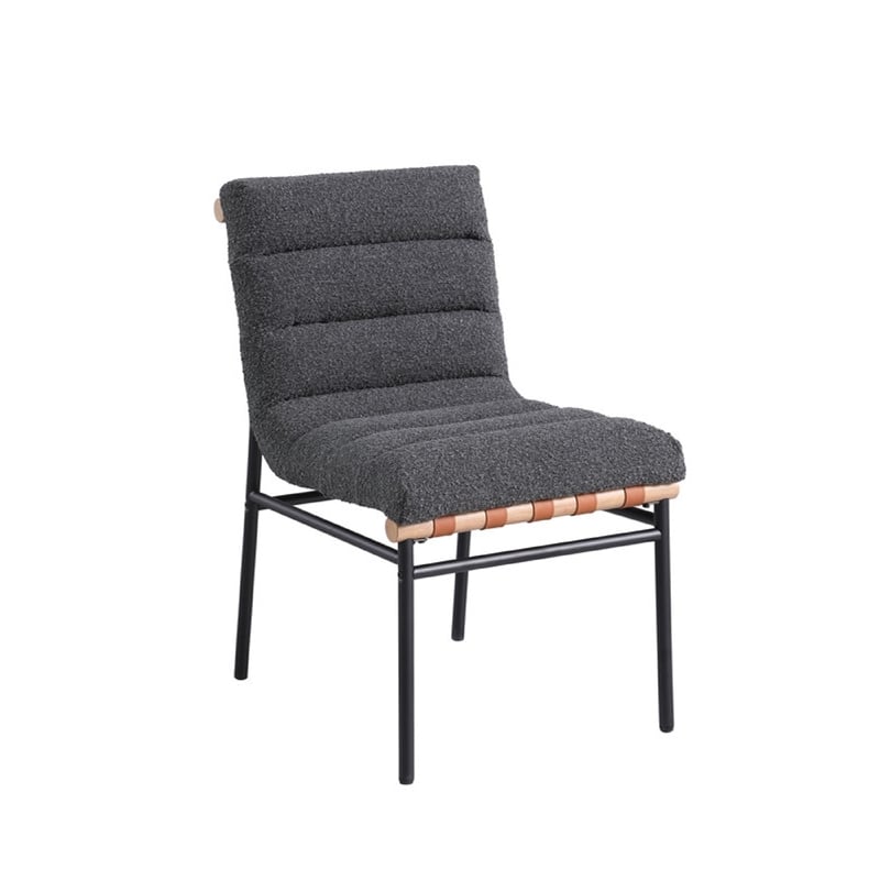Kive Dining Chair Set of 2- Black Iron Legs- Gray Channel Tuft Boucle