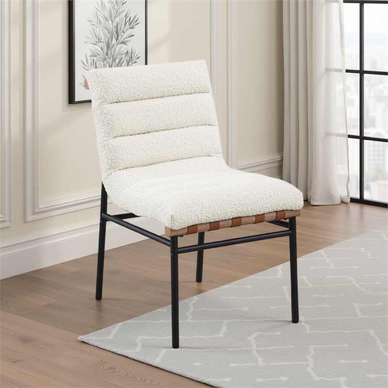 Kive Dining Chair Set of 2- Black Iron Legs- White Channel Tuft Boucle