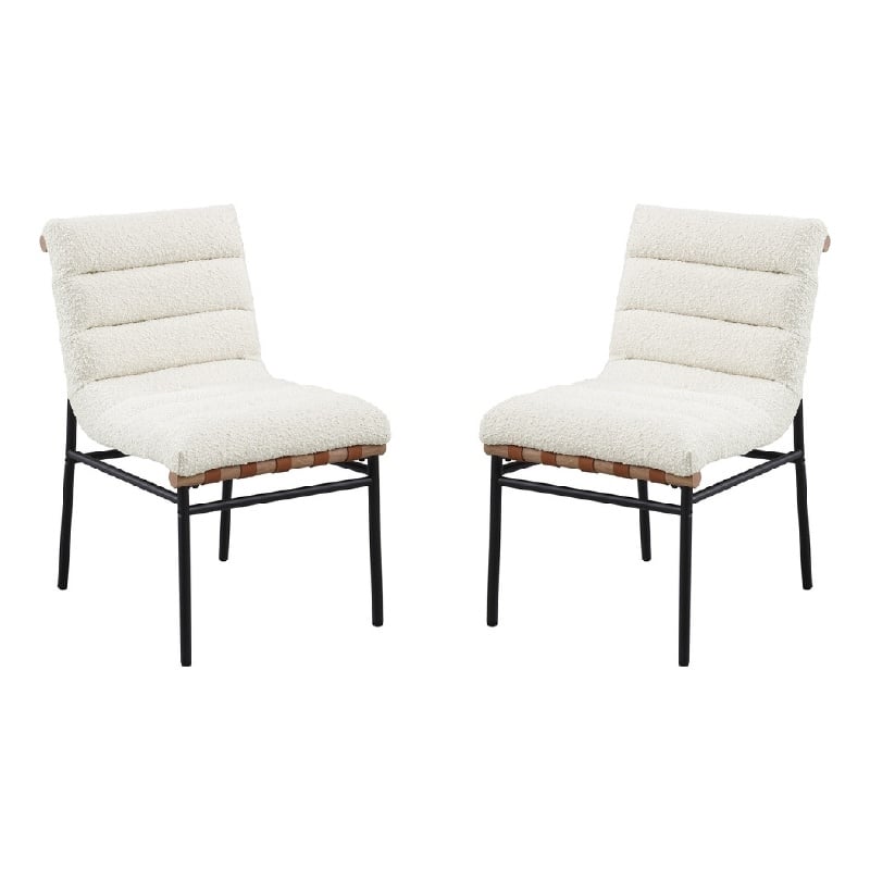 Kive Dining Chair Set of 2- Black Iron Legs- White Channel Tuft Boucle