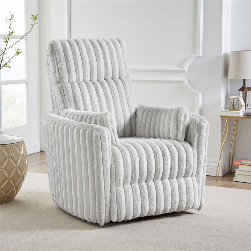 Swivel Manual Recliner Chair- 2 Pillows- White Corduroy- 39 Inch