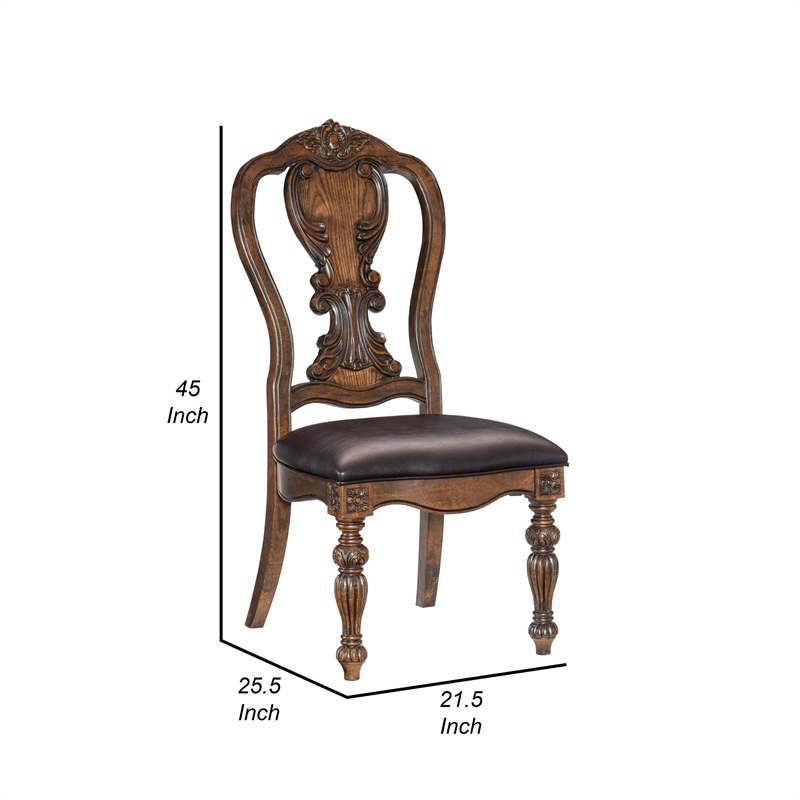Devi 22 Inch Side Dining Chair Set of 2- Cutout Carved Back- Brown Faux Leather