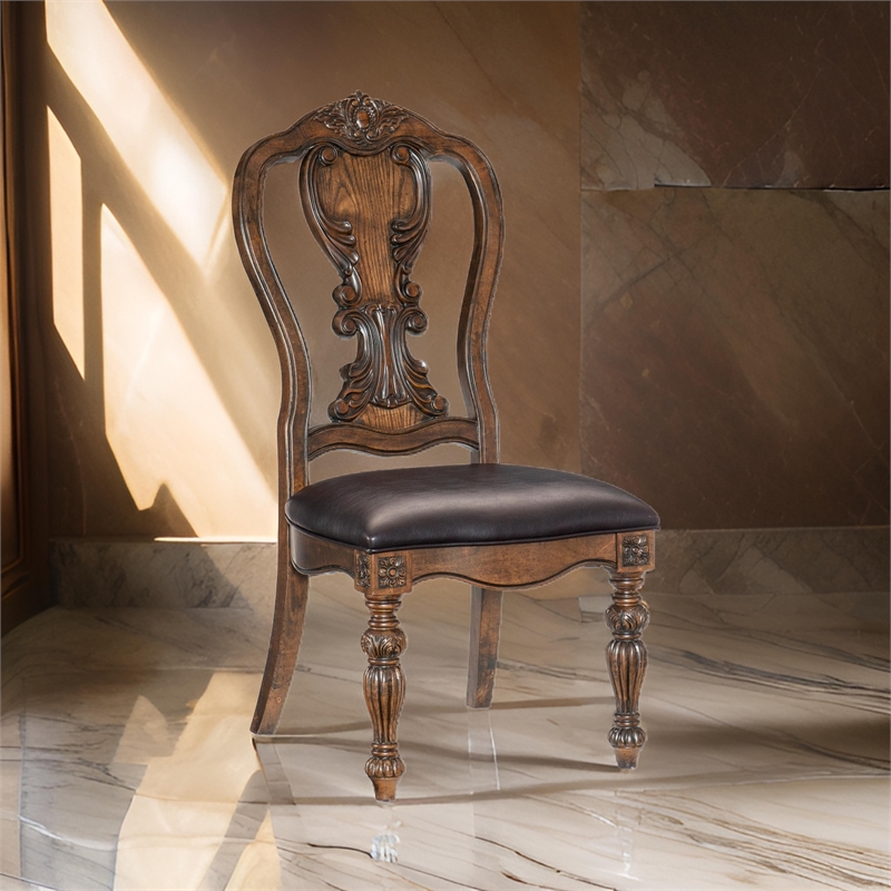 Devi 22 Inch Side Dining Chair Set of 2- Cutout Carved Back- Brown Faux Leather