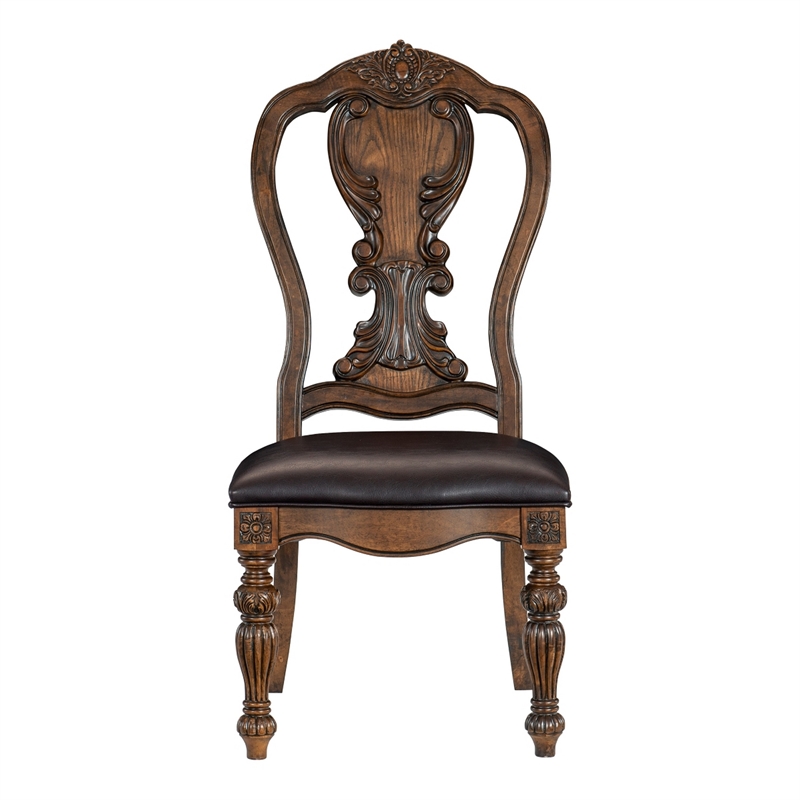 Devi 22 Inch Side Dining Chair Set of 2- Cutout Carved Back- Brown Faux Leather