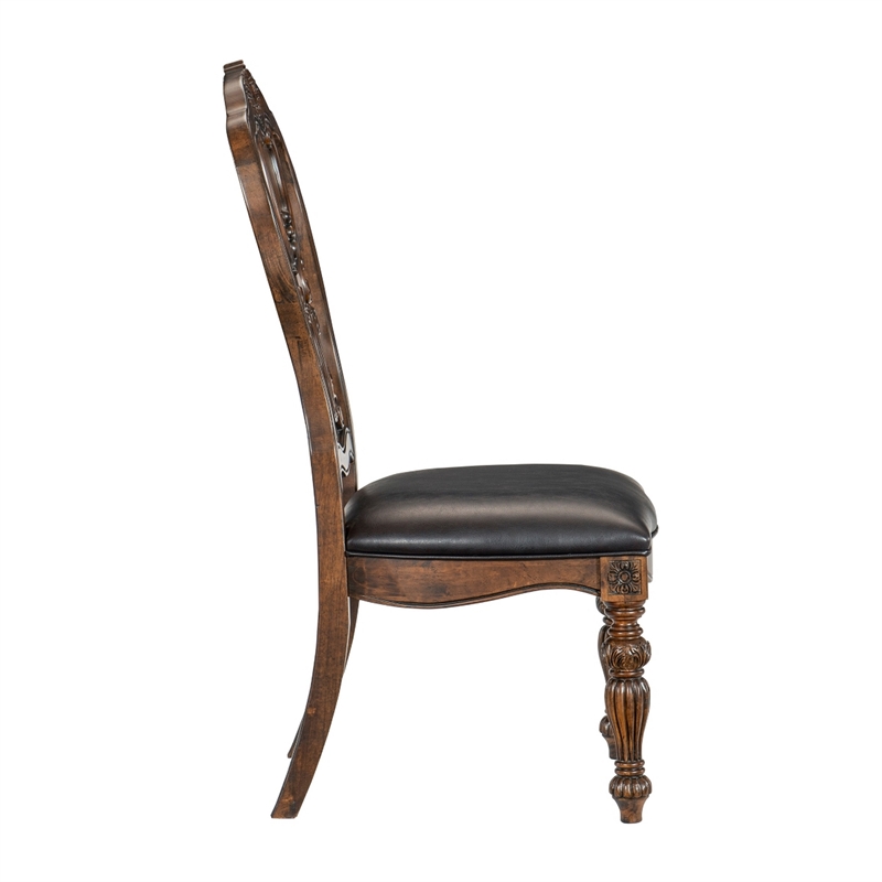 Devi 22 Inch Side Dining Chair Set of 2- Cutout Carved Back- Brown Faux Leather