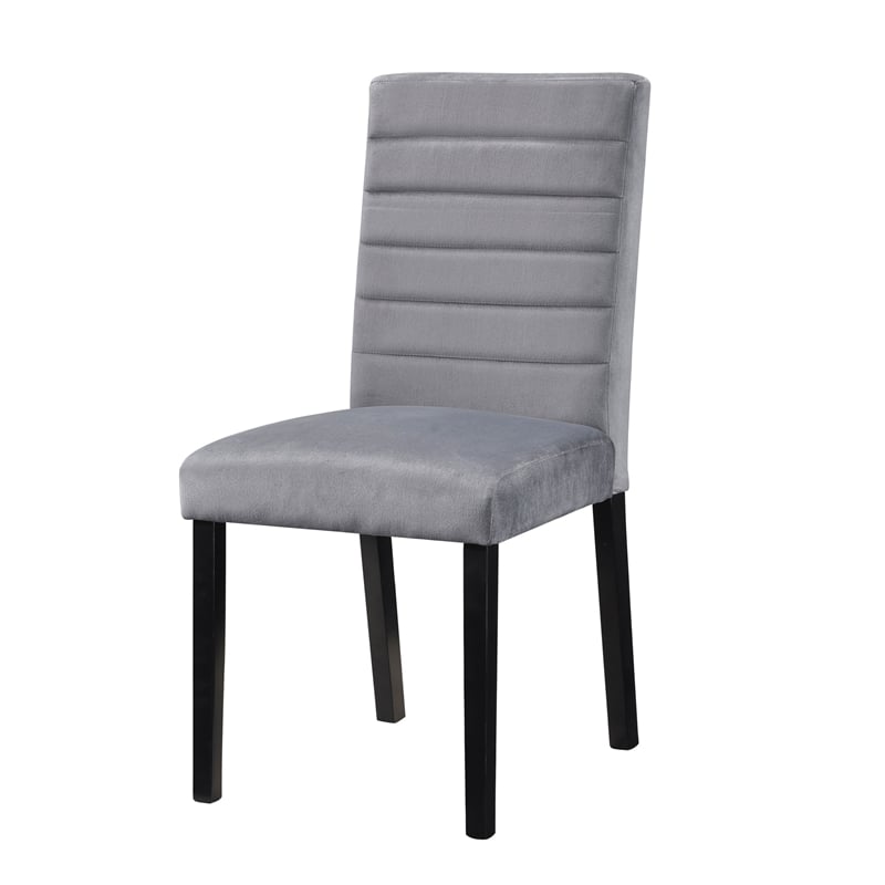 Andy 18 Inch Side Dining Chairs Set of 2- Channel Tufted Gray Velvet- Black Wood