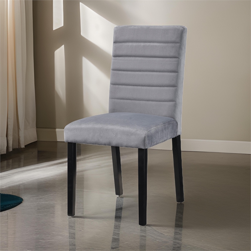 andy 18 inch side dining chairs set of 2- channel tufted gray velvet- black wood