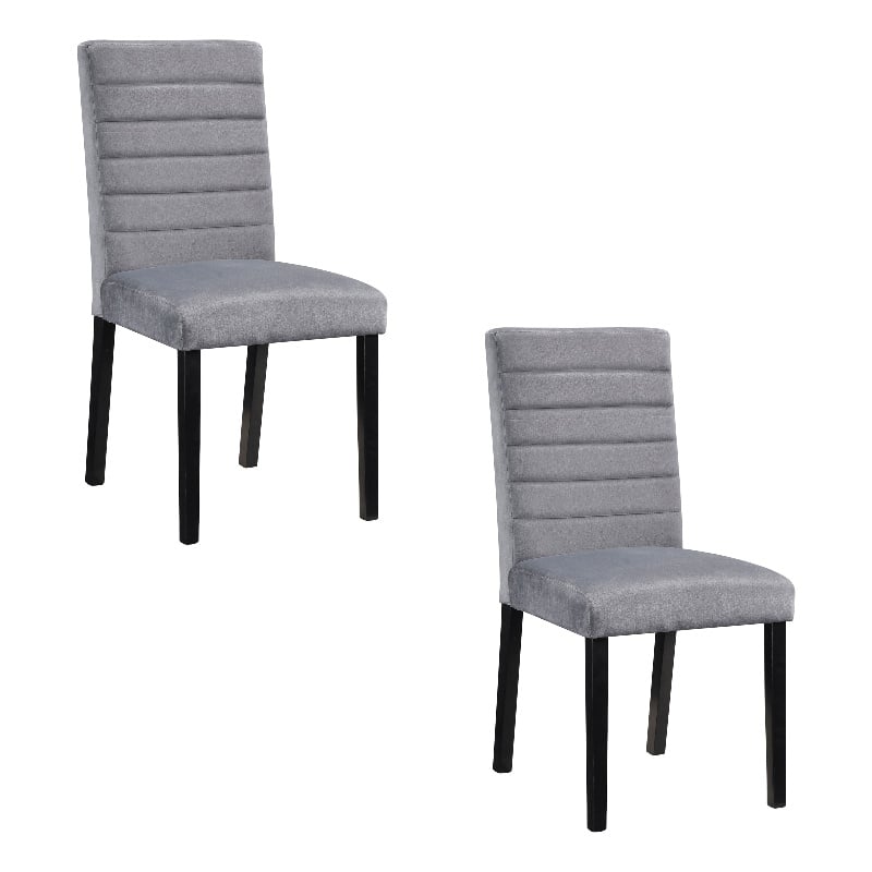 Andy 18 Inch Side Dining Chairs Set of 2- Channel Tufted Gray Velvet- Black Wood