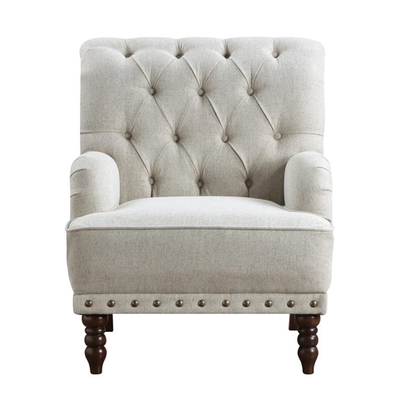 Zeya Accent Armchair- Button Tufted Beige Textured Polyester- Brown