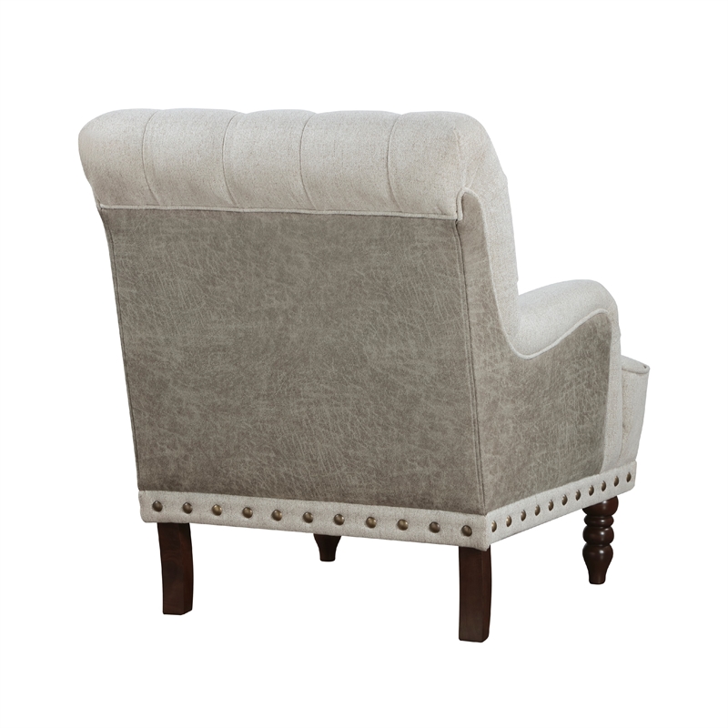 Zeya Accent Armchair- Button Tufted Beige Textured Polyester- Brown