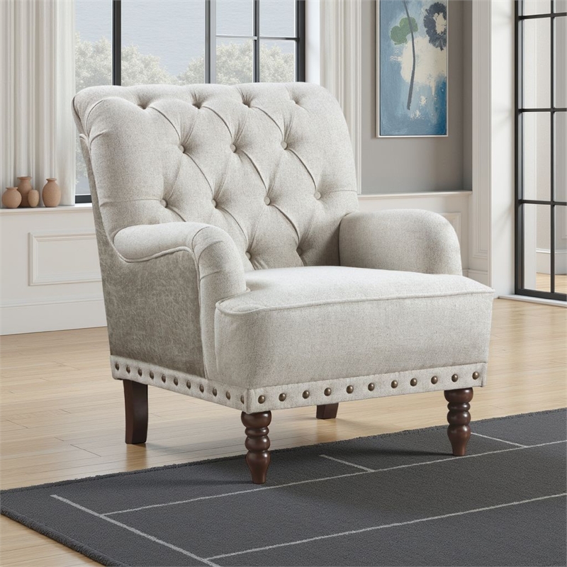 Zeya Accent Armchair- Button Tufted Beige Textured Polyester- Brown
