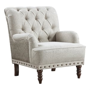 Zeya Accent Armchair- Button Tufted Beige Textured Polyester- Brown