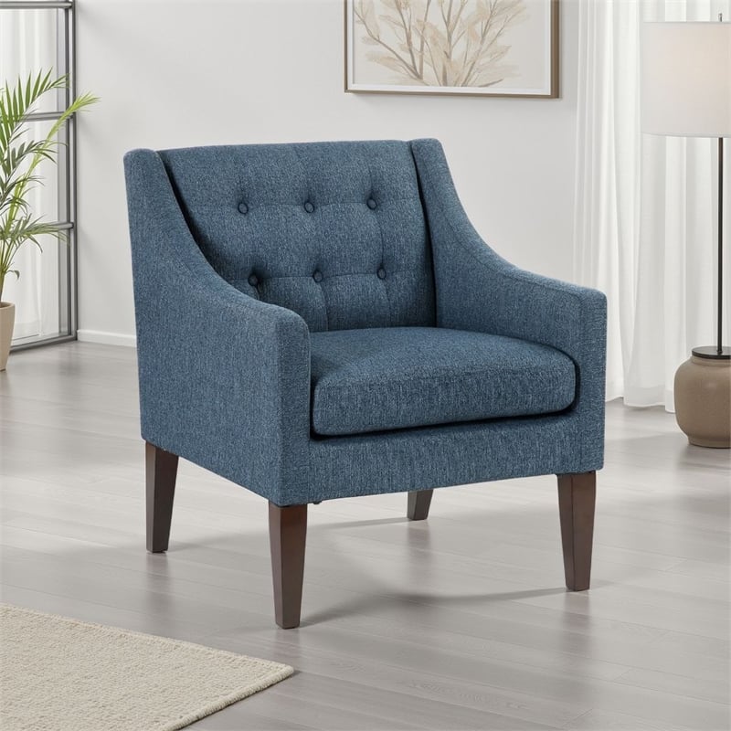 Ginna Accent Armchair- Button Tufted Blue Polyester- Brown Legs