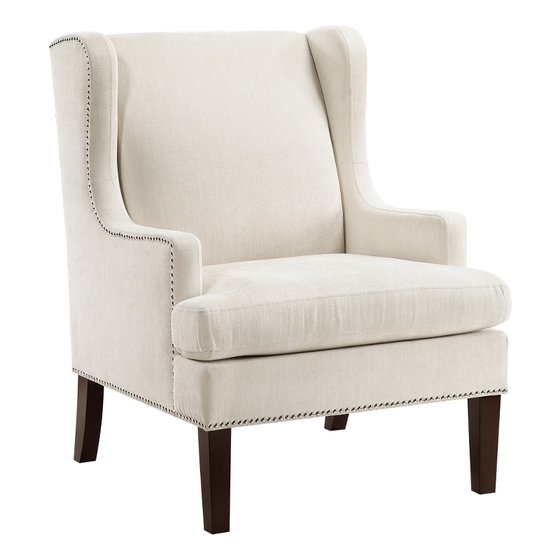 Rossana Accent Wing Armchair- Beige Polyester- Brown Wood- Nailhead