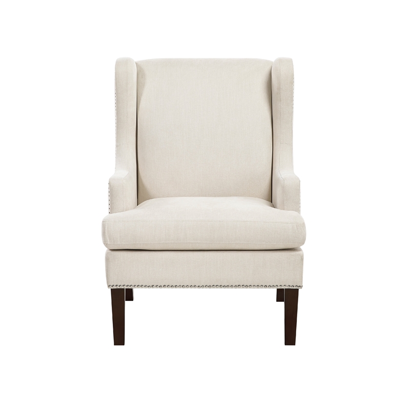 Rossana Accent Wing Armchair- Beige Polyester- Brown Wood- Nailhead