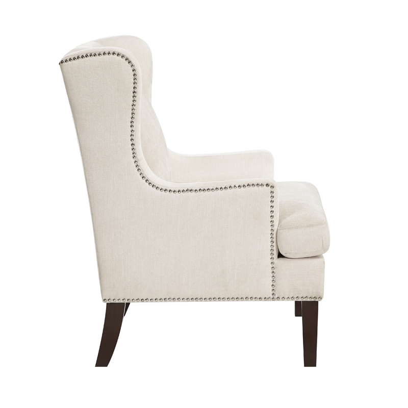 Rossana Accent Wing Armchair- Beige Polyester- Brown Wood- Nailhead