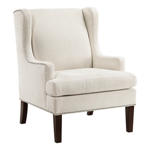 Rossana Accent Wing Armchair- Beige Polyester- Brown Wood- Nailhead