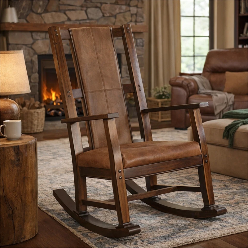 Odel Rocking Chair- Faux Leather Seat and Back- Dark Chocolate Brown