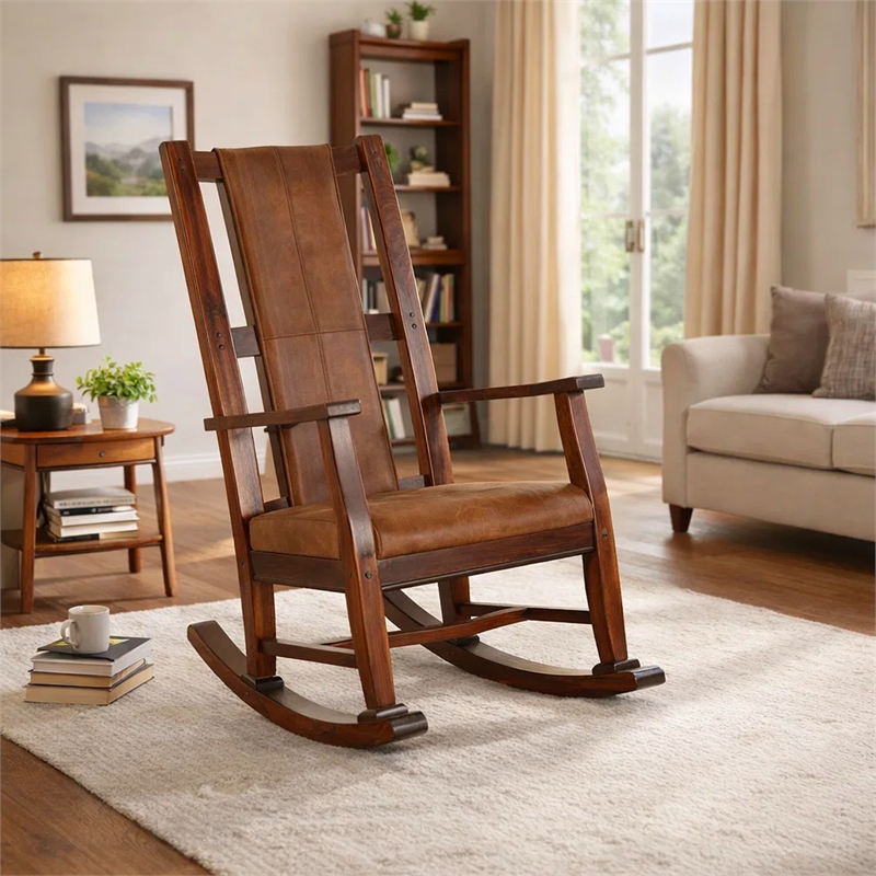 Odel Rocking Chair- Faux Leather Seat and Back- Dark Chocolate Brown