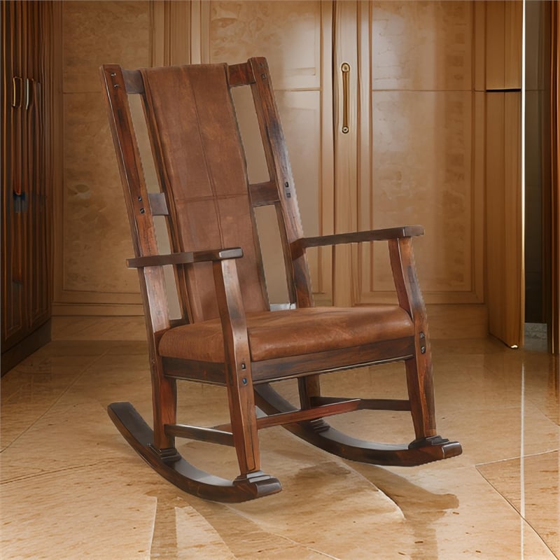 Odel Rocking Chair- Faux Leather Seat and Back- Dark Chocolate Brown