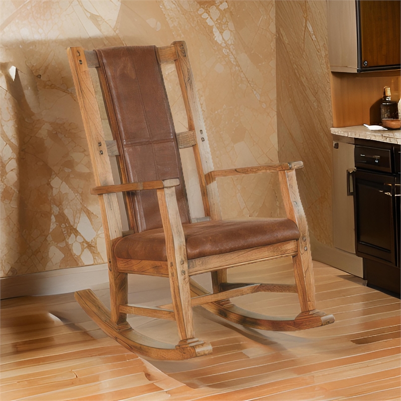 Marv Rocking Chair with Faux Leather Seat and Back- Rustic Oak Brown
