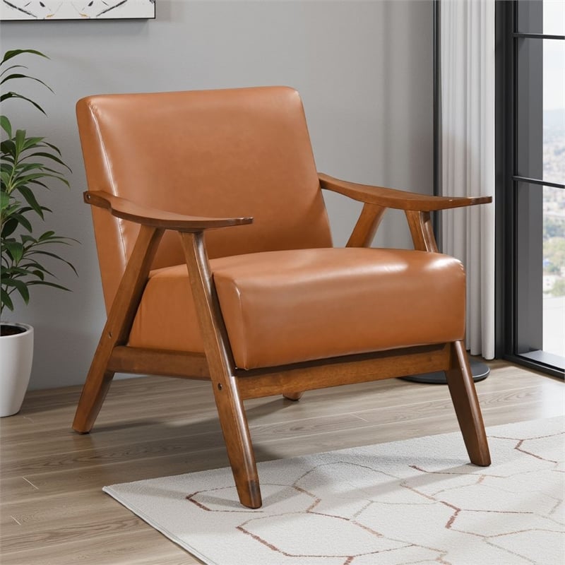 Indy Accent Club Armchair- Matte Brown Faux Leather- Solid Rubberwood
