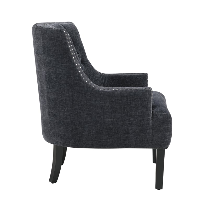 Daisie Accent Armchair- Button Tufted Black Chenille- Solid Wood