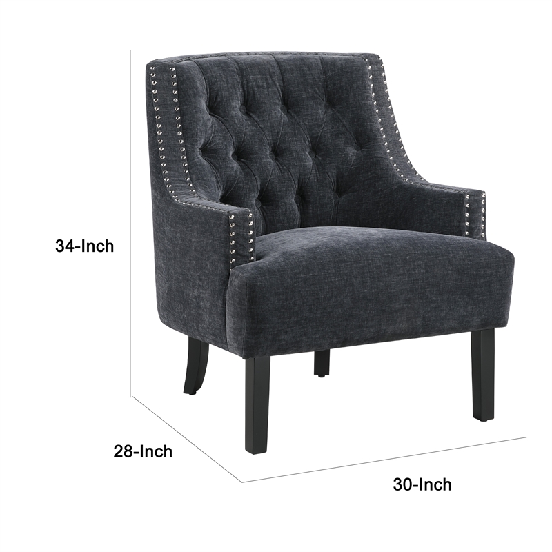 Daisie Accent Armchair- Button Tufted Black Chenille- Solid Wood