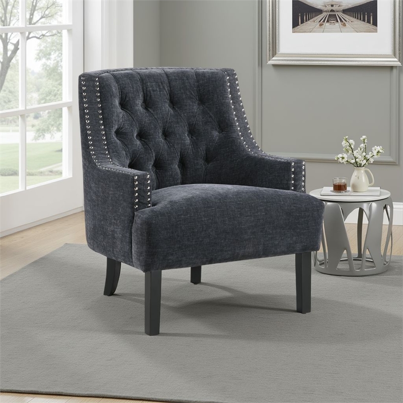 Daisie Accent Armchair- Button Tufted Black Chenille- Solid Wood