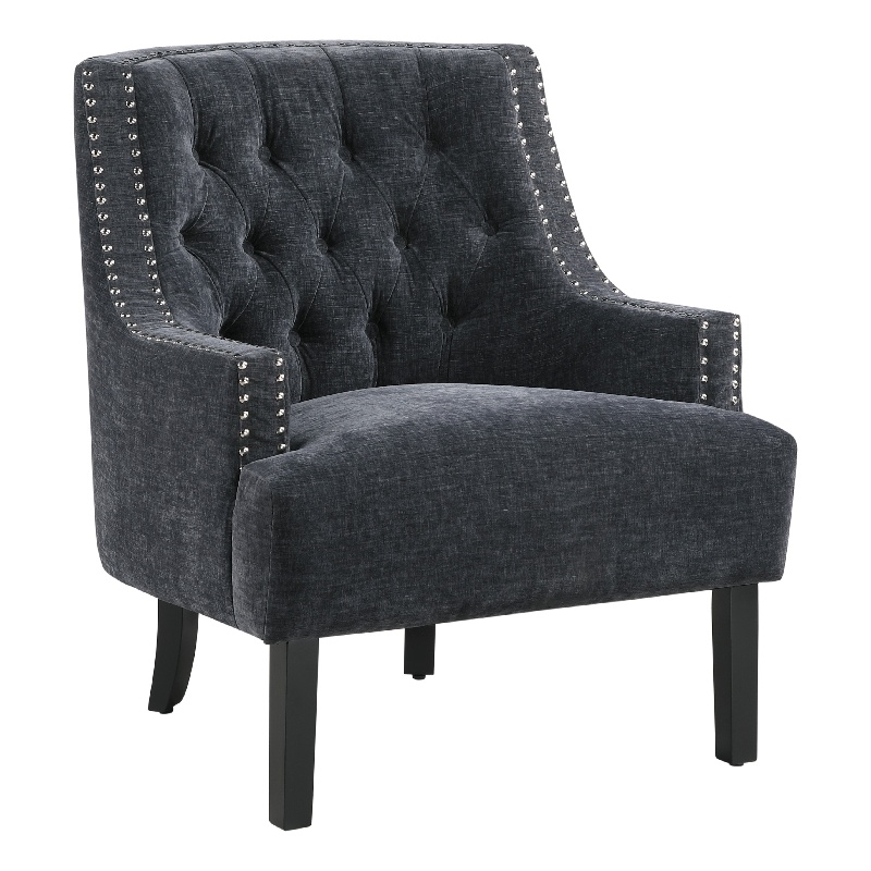 Daisie Accent Armchair- Button Tufted Black Chenille- Solid Wood
