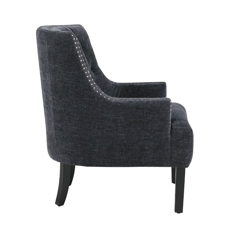 Daisie Accent Armchair- Button Tufted Black Chenille- Solid Wood