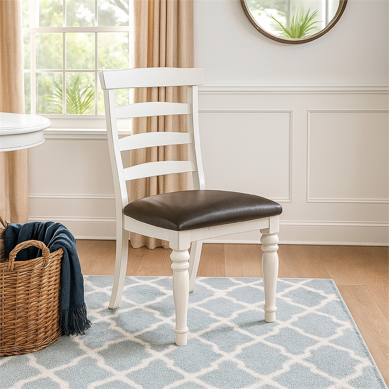 Orso Dining Chair- Set of 2- Ladderback Design- White- Brown Mindi Wood