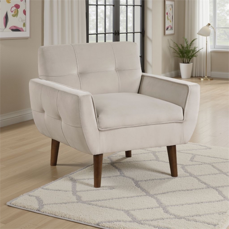 Roa Accent Armchair- Light Brown Velvet- Tufted Back w Tapered Legs