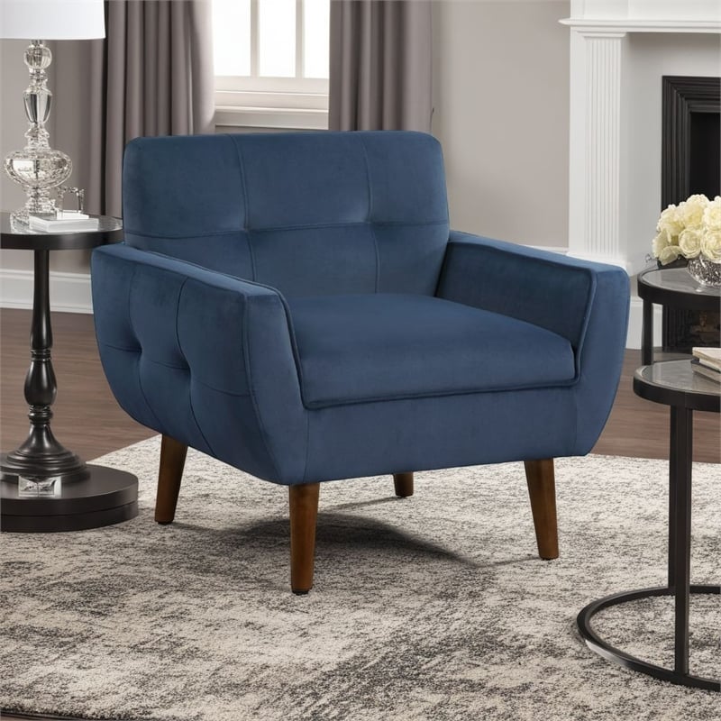 Roa Accent Armchair- Navy Blue Velvet- Tufted Back w Tapered Legs