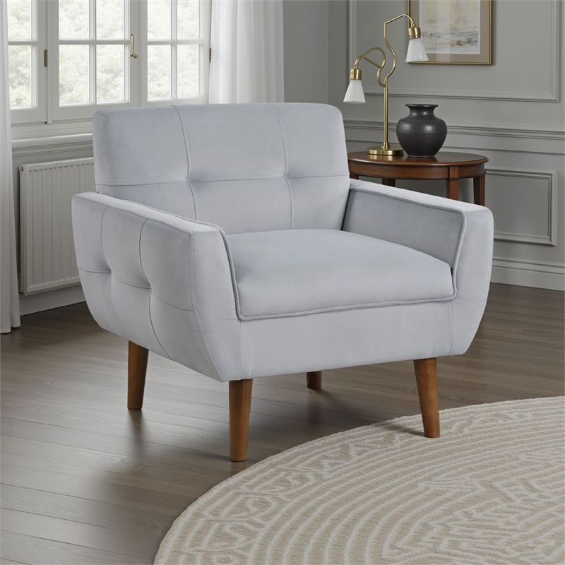 Roa Accent Armchair- Light Gray Velvet- Tufted Back w Tapered Legs