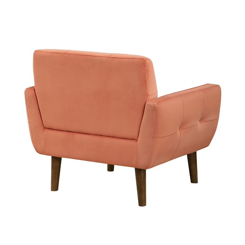 Roa Accent Armchair- Coral Orange Velvet- Tufted Back w Tapered Legs