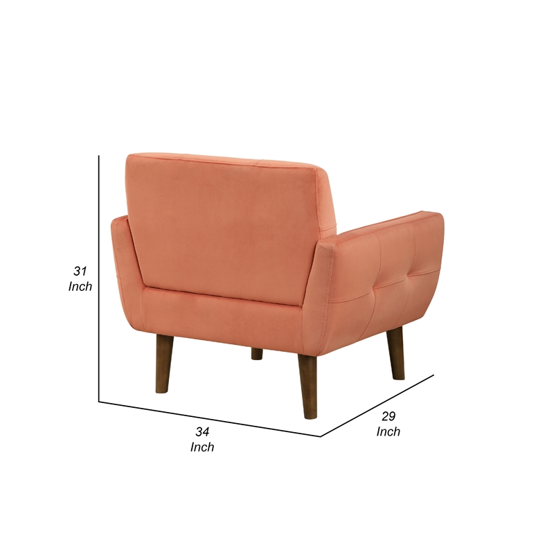 Roa Accent Armchair- Coral Orange Velvet- Tufted Back w Tapered Legs