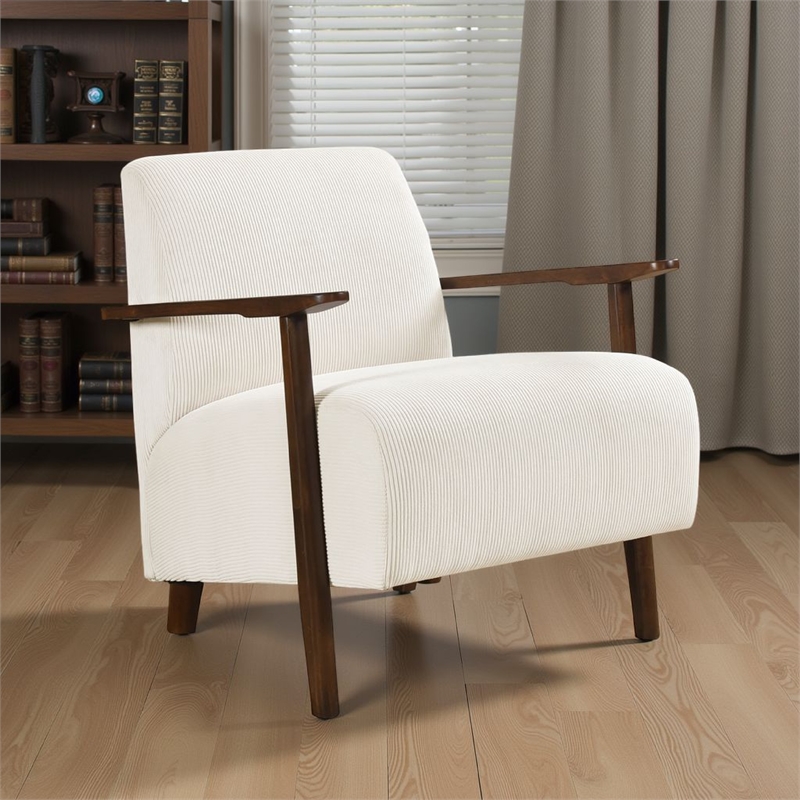 Bernie Accent Club Chair- Beige Corduroy- Dark Brown Solid Wood Frame