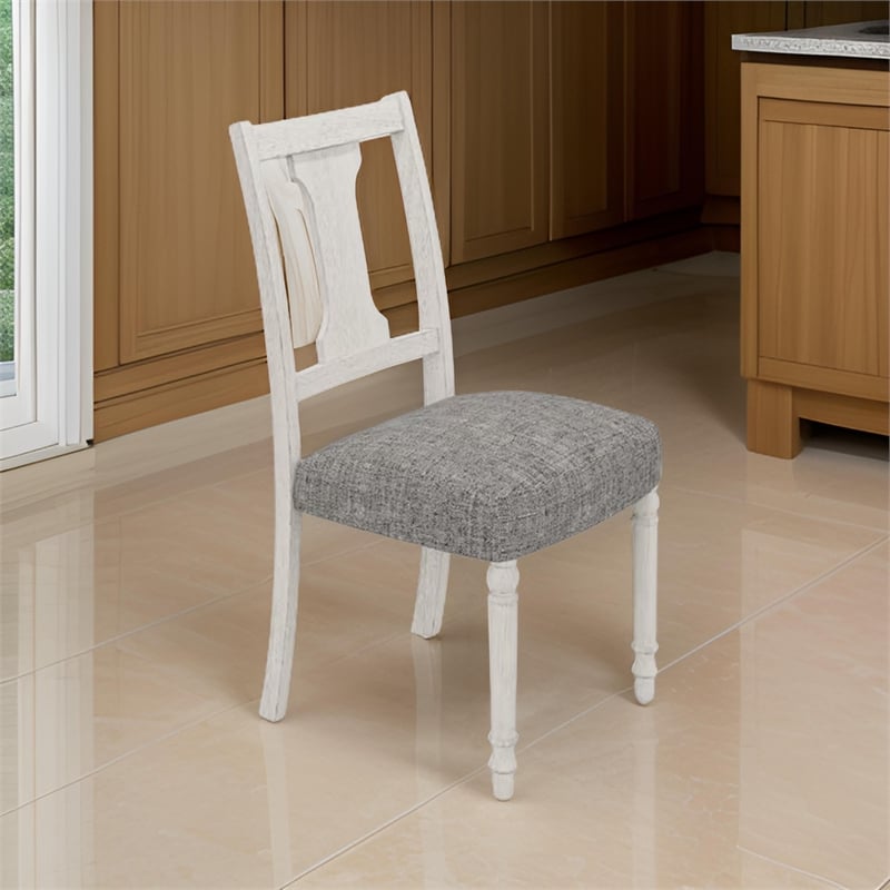 Sane 19 Inch Dining Side Chair Set of 2- Fiddleback- White Wood- Gray Linen
