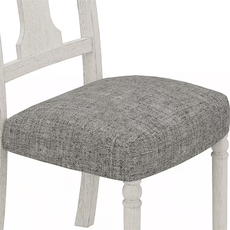 Sane 19 Inch Dining Side Chair Set of 2- Fiddleback- White Wood- Gray Linen