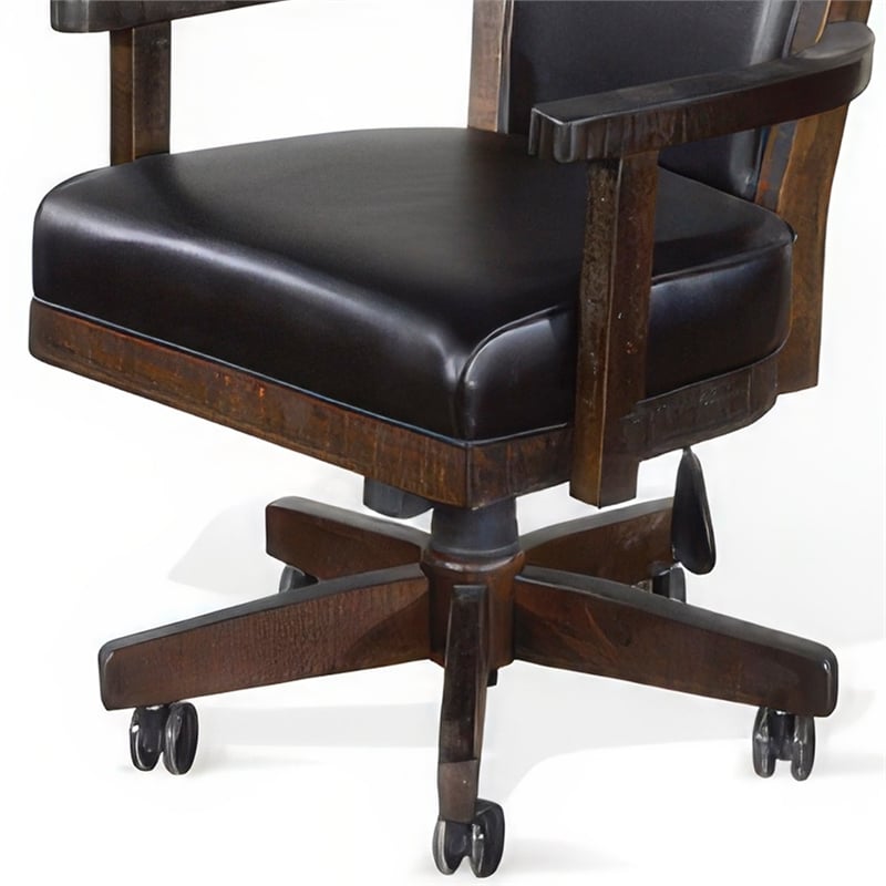 Flint Rolling Swivel Game Chair- Black Faux Leather- Dark Brown Wood