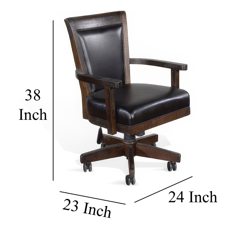 Flint Rolling Swivel Game Chair- Black Faux Leather- Dark Brown Wood