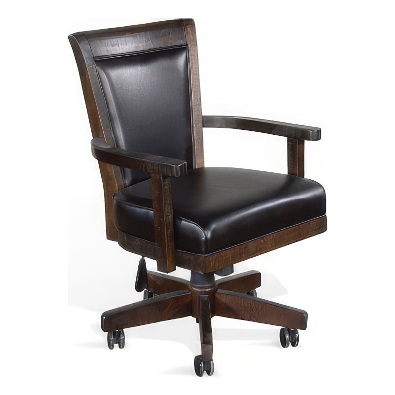 Flint Rolling Swivel Game Chair- Black Faux Leather- Dark Brown Wood