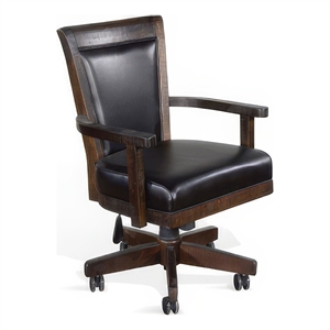 Flint Rolling Swivel Game Chair- Black Faux Leather- Dark Brown Wood