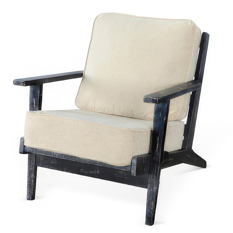 Rena Accent Lounge Chair- Beige Seat- Distressed Black Solid Wood