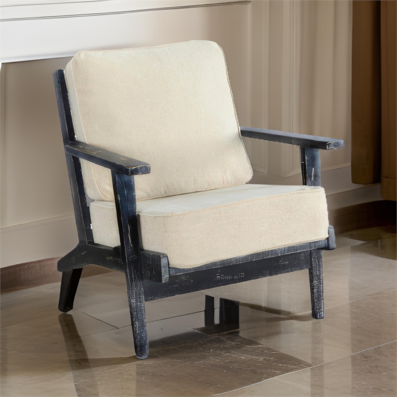 Rena Accent Lounge Chair- Beige Seat- Distressed Black Solid Wood